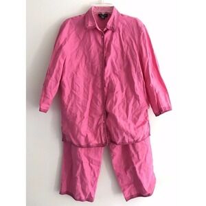 Parisian | Signature Linen Pants Set Women Size 12 Pink 3/4 Sleeves Button Front